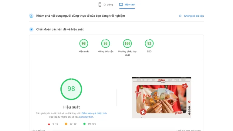 Hiệu suất nynacoffee với PageSpeed Insights từ 80–99 điểm mobile/desktop.
