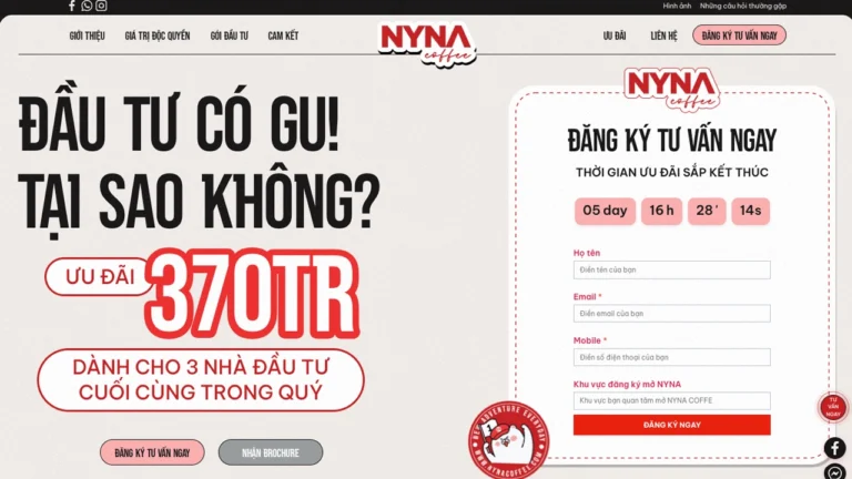 Trang nhượng quyền nynacoffee bố cục độc lạ, CTA mạnh các nút đăng kí linh hoạt, countdown tự động tạo urgency