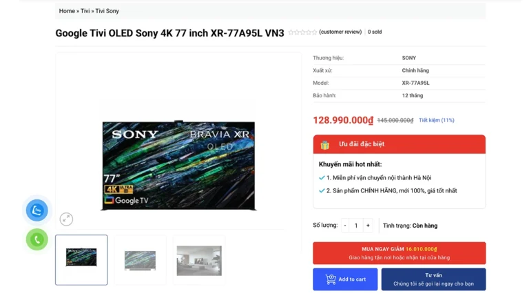 Trang sản phẩm website bán hàng điện máy: hiển thị hình ảnh đẹp, thông số kỹ thuật đầy đủ, chuẩn SEO