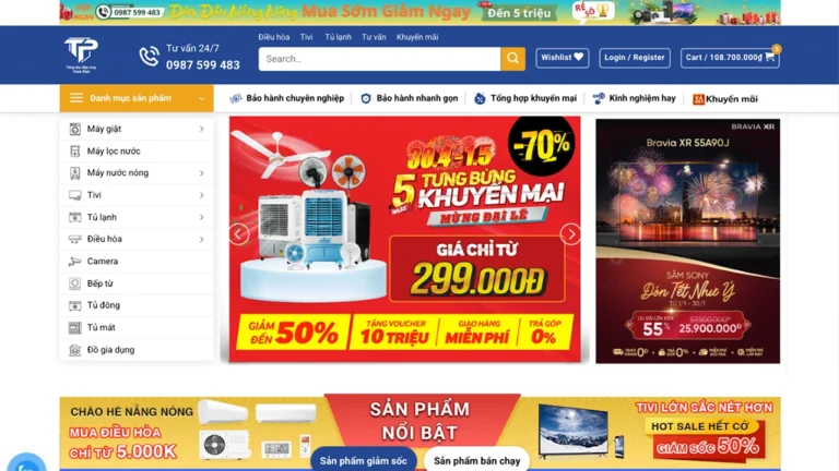 Website điện máy Thành Phát: giao diện hiện đại, danh mục sản phẩm rõ ràng, tối ưu UX/UI