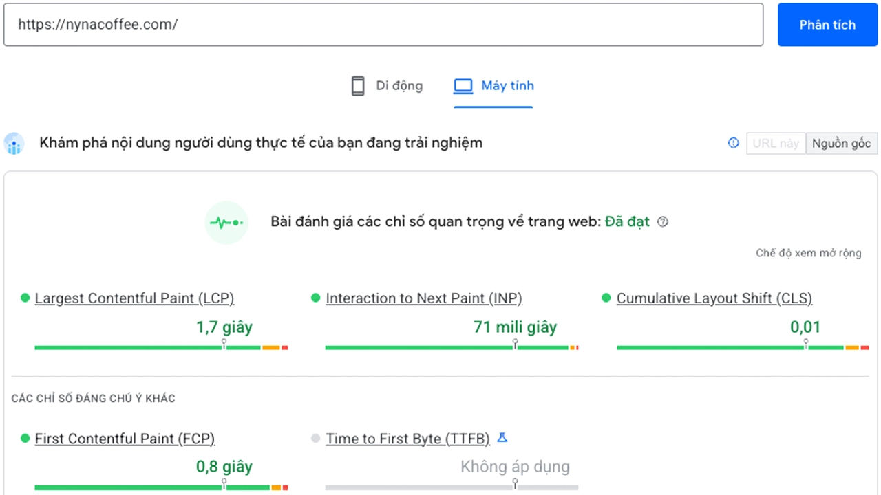 Kết quả Core Web Vitals sau tối ưu tốc độ website nynacoffee.com: LCP 1.7s, INP 71ms, CLS 0.01 – đạt chuẩn Google