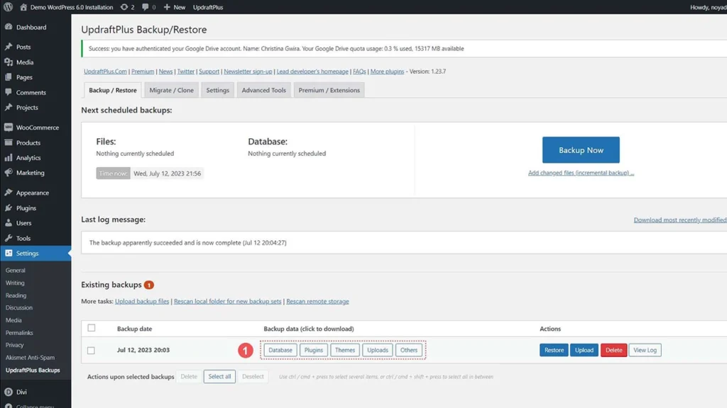Backup file và database WordPress bằng plugin trước khi xử lý virus