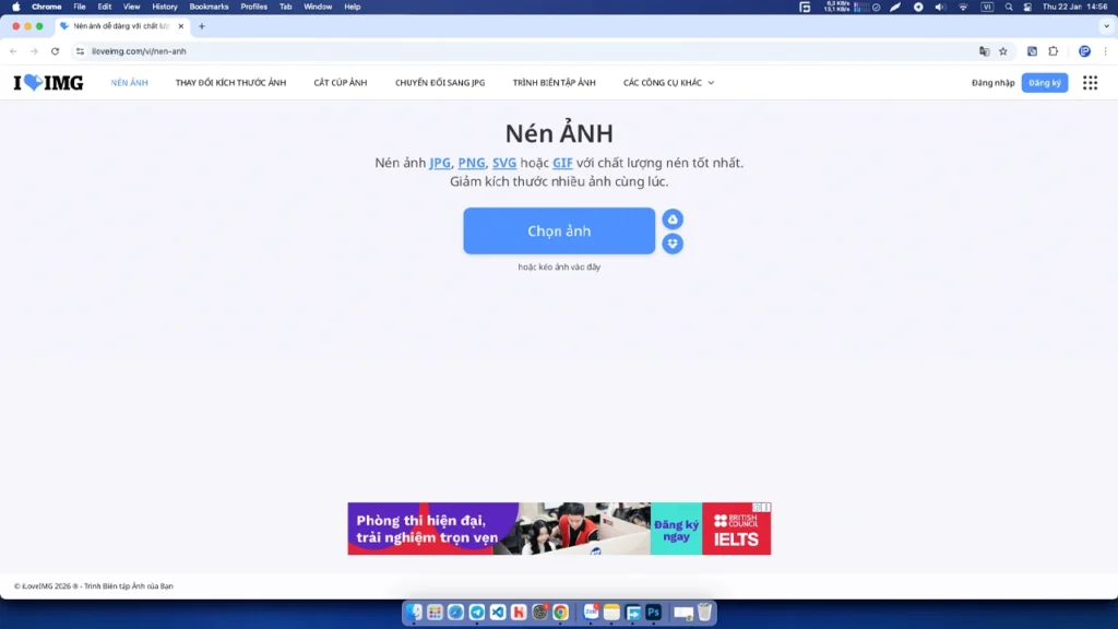 Sử dụng công cụ nén ảnh iloveimg để tối ưu tốc độ tải trang website.