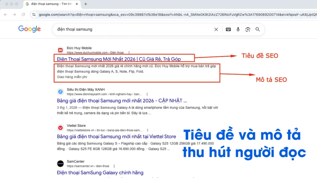 Ví dụ hiển thị tiêu đề và thẻ mô tả chuẩn SEO trên Google Search.