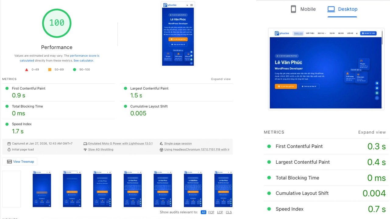 Kết quả Lighthouse mobile sau tối ưu tốc độ website: Speed Index dưới 3s, 100 điểm hiệu suất cwv– website tải nhanh vượt trội