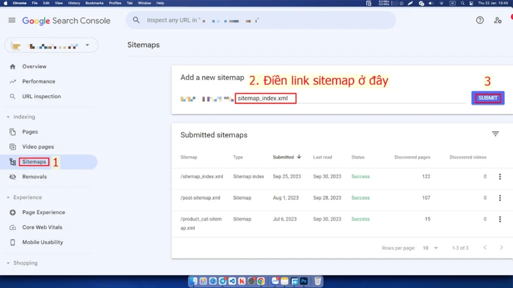Màn hình Google Search Console hiển thị trạng thái Submit Sitemap thành công.