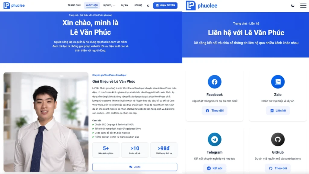 Trang thông tin liên hệ và giới thiệu thương hiệu Lê Phúc minh bạch.