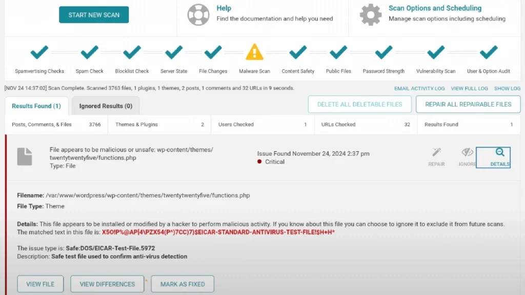 Kết quả quét sâu malware WordPress bằng Wordfence dashboard