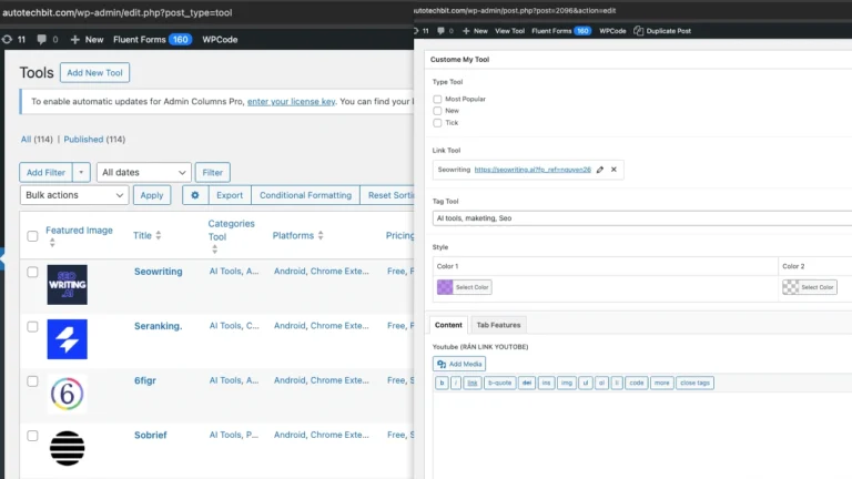 Giao diện quản trị website WordPress tối ưu cho việc cấu hình và đăng tải tools nhanh chóng.